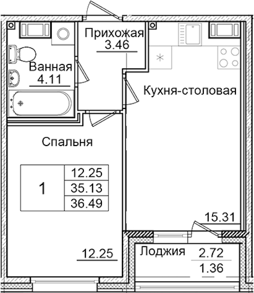 1-комнатная квартира 36.49 м², 7/9 эт., ЖК «Квартал Заречье»